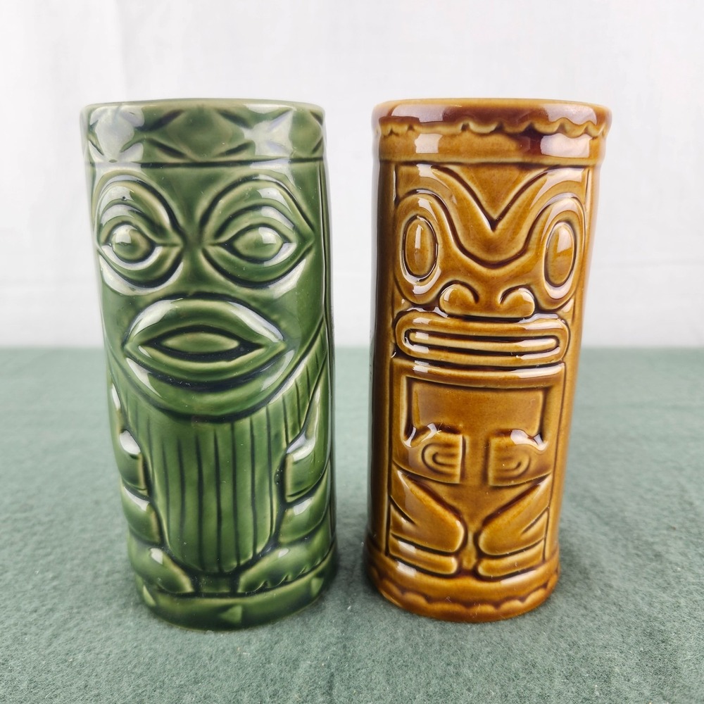 2x Shonfeld's Tiki Mug Tumbler Cup Brown Ceramic Hawaiian Tiki Bar Tribal